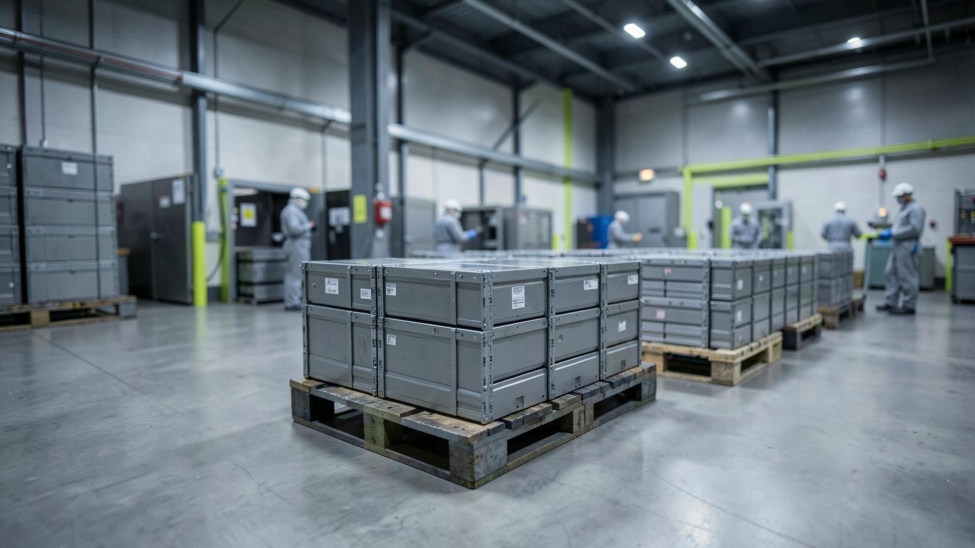 Imagen de referencia: módulos de batería embalados en pallets dentro de una instalación industrial